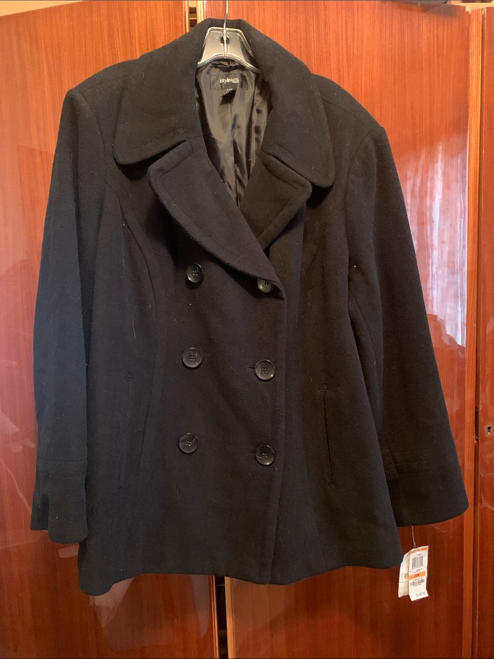 Style & Co. Black Wool-Blend Double-Breasted Pea Coat